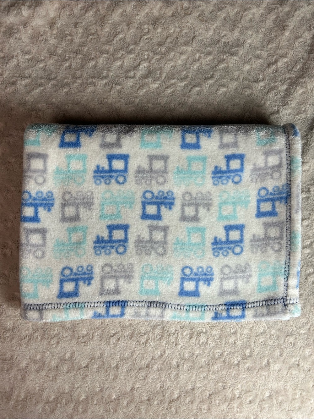 Baby Gear Trains Blanket Blue White Gray Engines Aqua Plush Lovey